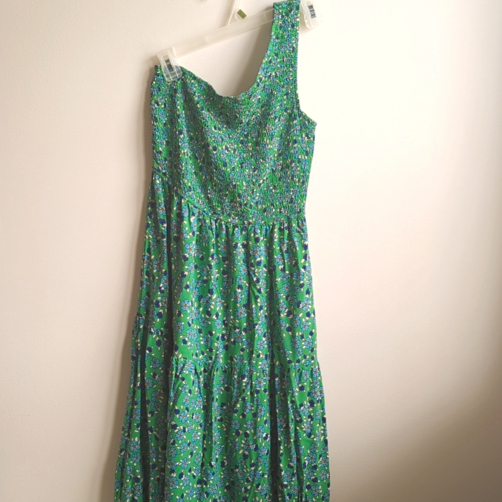 One Shoulder Green Floral Summer Dress